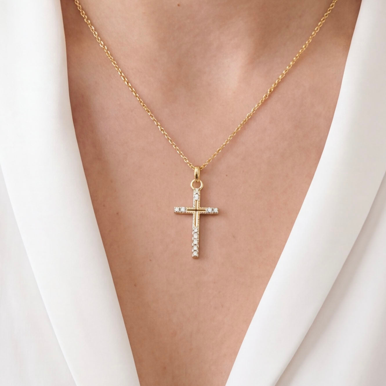 18k Gold Filled Thin Cross CZ Charm