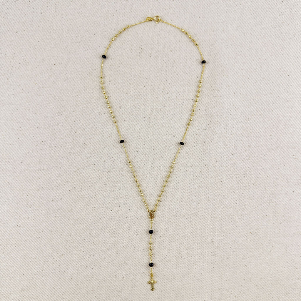 18k Gold Filled  Our Mother of Grace With Black Bead Rosary Necklace