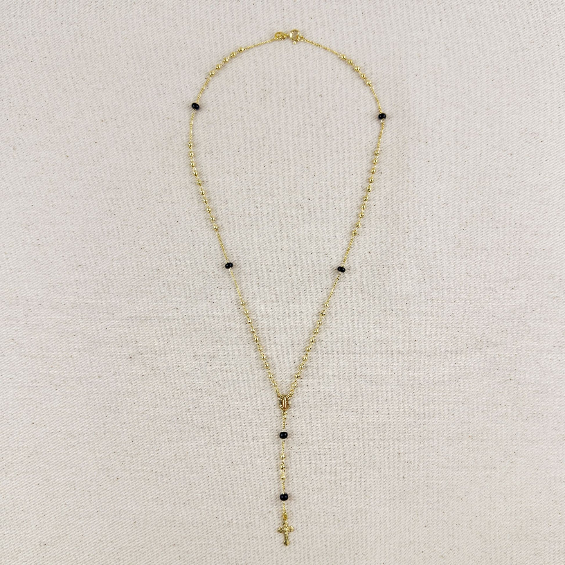 18k Gold Filled  Our Mother of Grace With Black Bead Rosary Necklace