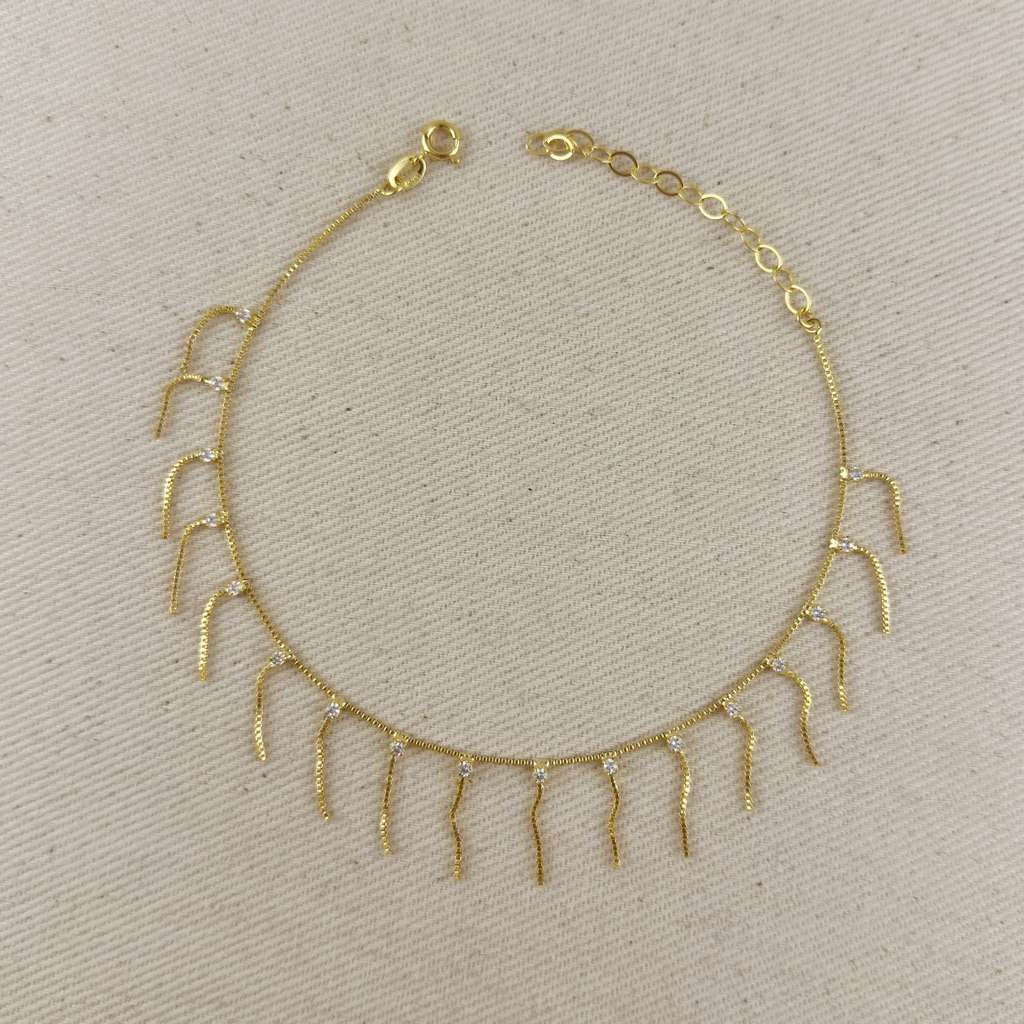 18k Gold Filled Fringed Box Chain Anklet Featuring Details Of Micro Zirconia Available In Multicolor, Black or Clear