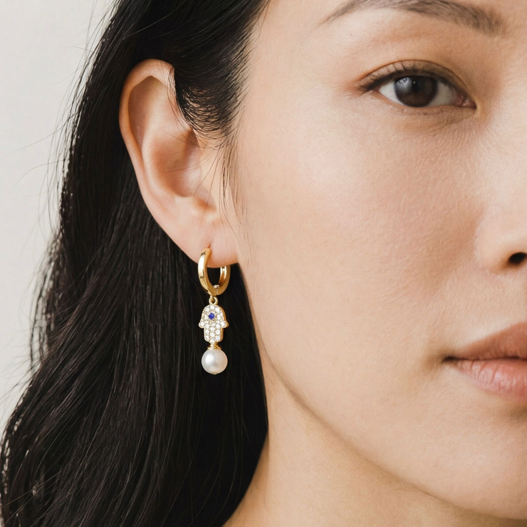18k Gold Filled Hamsa Pearl Hoop Earrings
