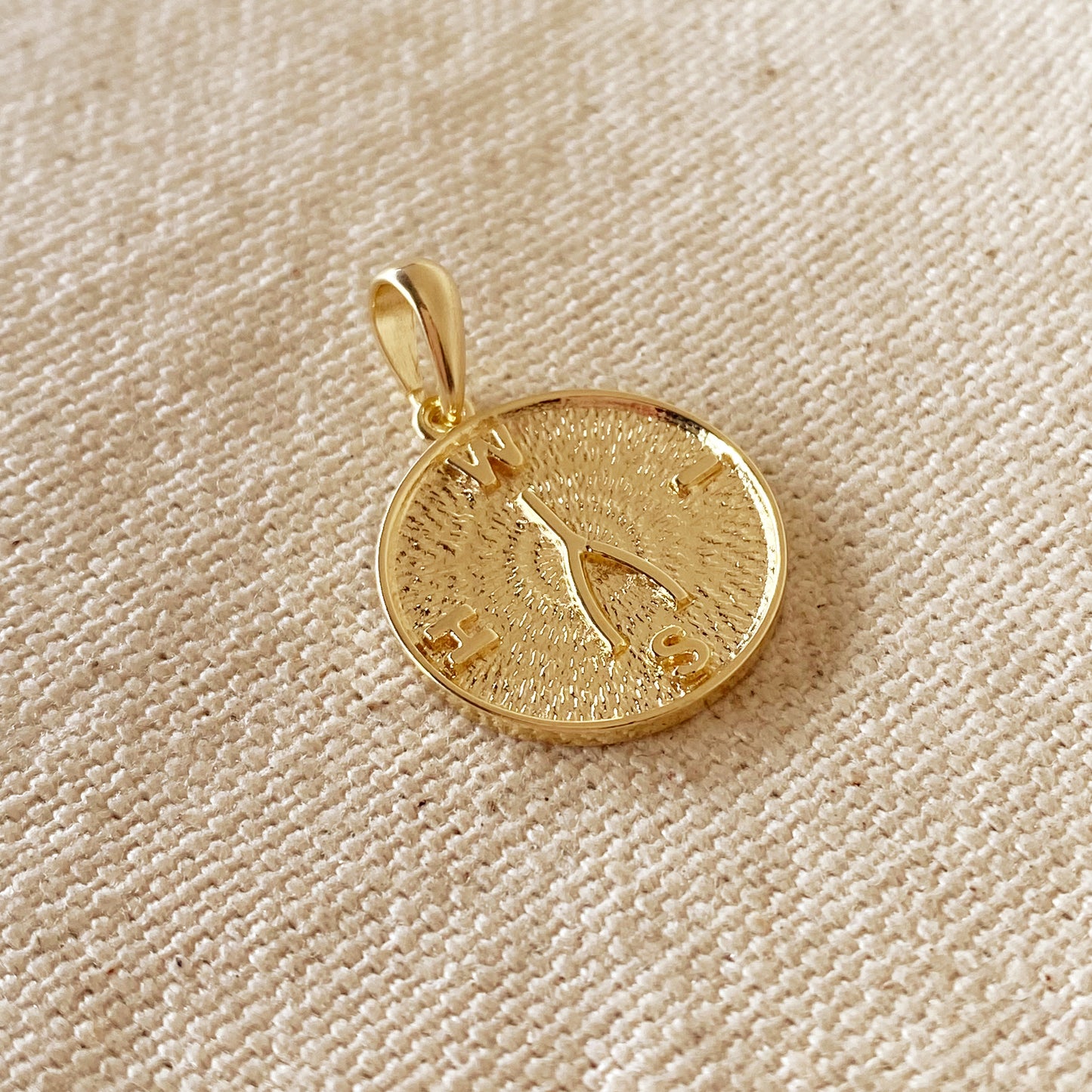 18k Gold Filled Wishbone Pendant Featuring Textured Background W I S H Letters