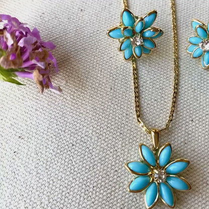 18k Gold Filled Turquoise Flower Crystal Earrings Pendant Necklace Set