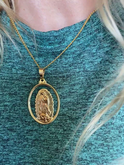 18k Gold Filled Hollowed Oval Lady of Guadalupe Pendant Featuring Rose Gold Detail