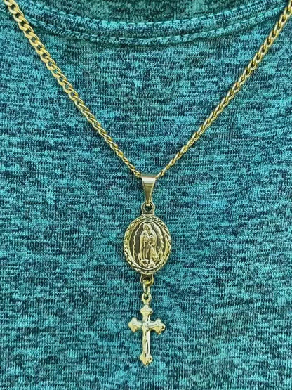 18k Gold Filled Mini Lady of Guadalupe Medal with Crucifix Cross Pendant