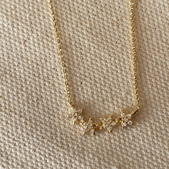 GoldFi 18k Gold Filled 1mm Rolo Chain Necklace Featuring Pave Cubic Zirconia Four Stars
