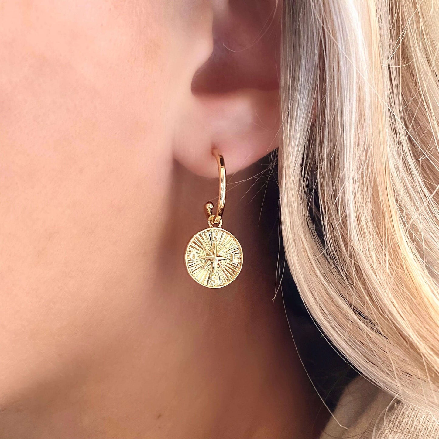GoldFi 18k Gold Filled C Hoops With Dainty Compass Charm