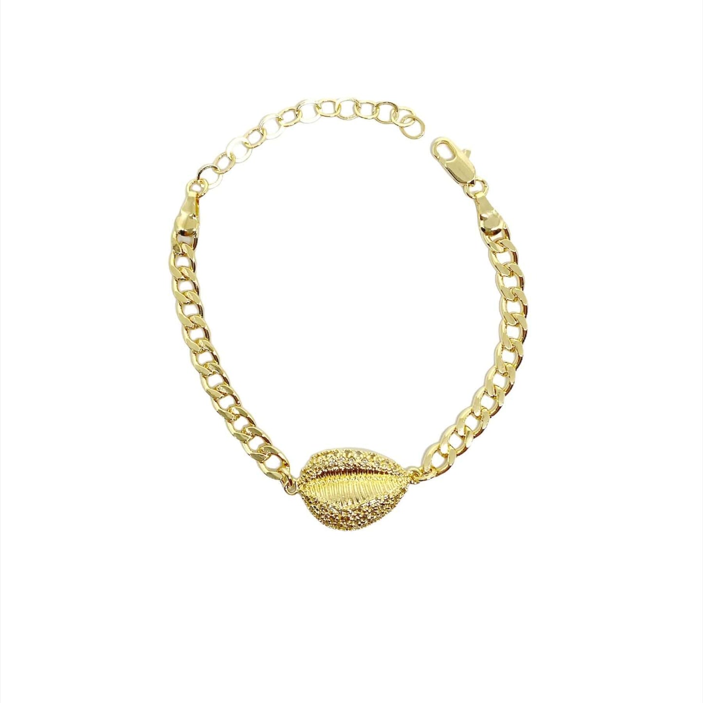 GoldFi 18k Gold Filled Cowrie Shell With Cubic Zirconia Detail In A Cuban Chain Bracelet