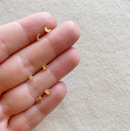 GoldFi 18k Gold Filled Dainty Earrings Trio Star, Moon And Heart Studs