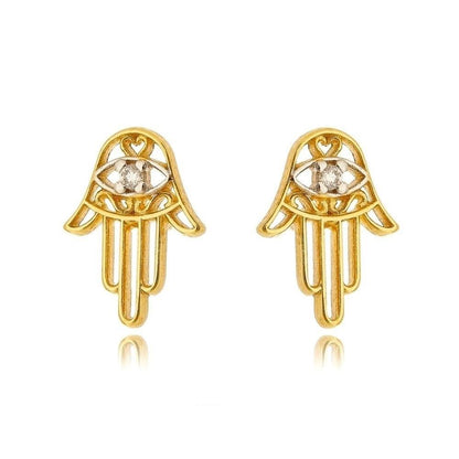 GoldFi 18k Gold Filled Dainty Hamsa Stud Earrings Featuring Detail in Cubic Zircon