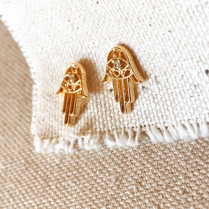 GoldFi 18k Gold Filled Dainty Hamsa Stud Earrings Featuring Detail in Cubic Zircon