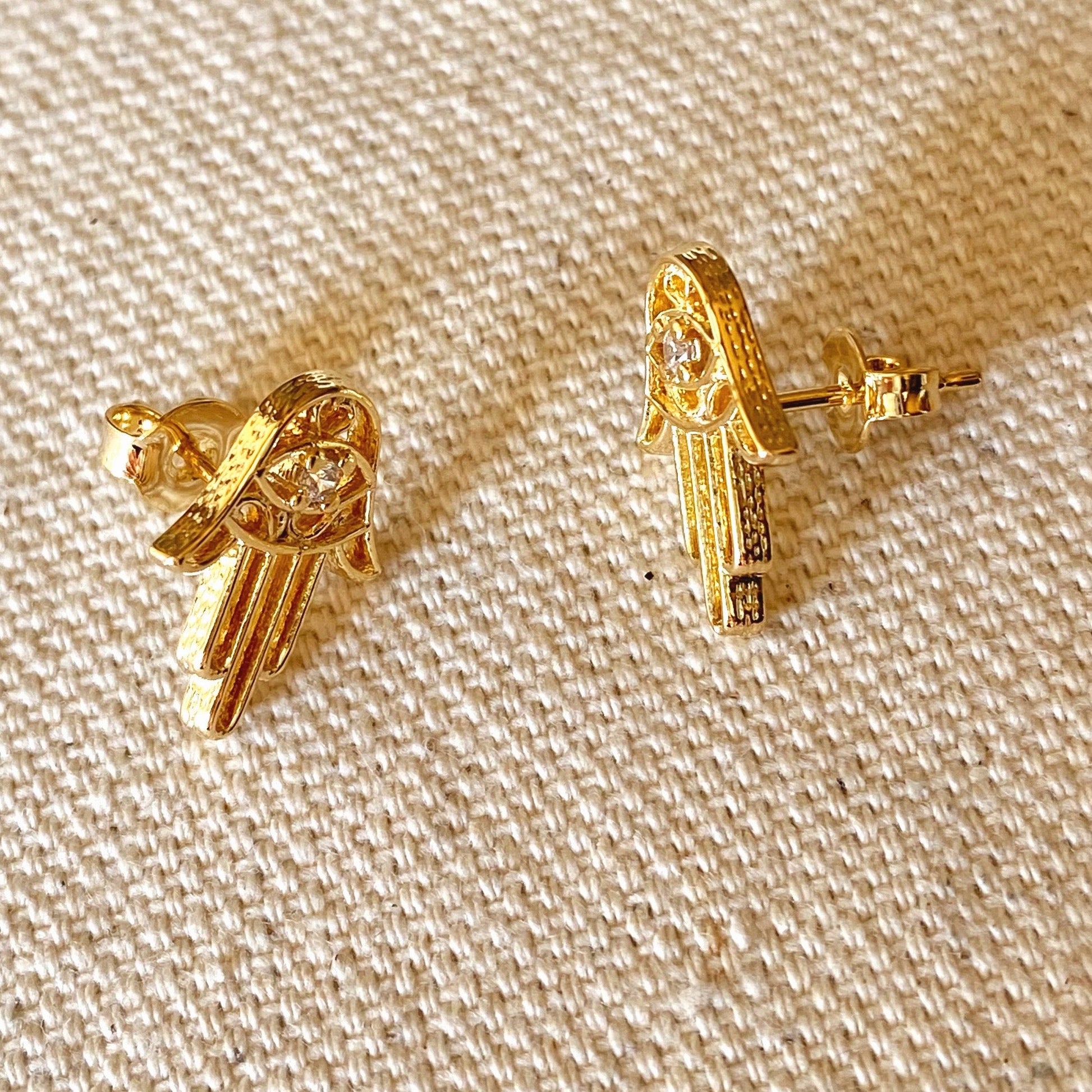 GoldFi 18k Gold Filled Dainty Hamsa Stud Earrings Featuring Detail in Cubic Zircon