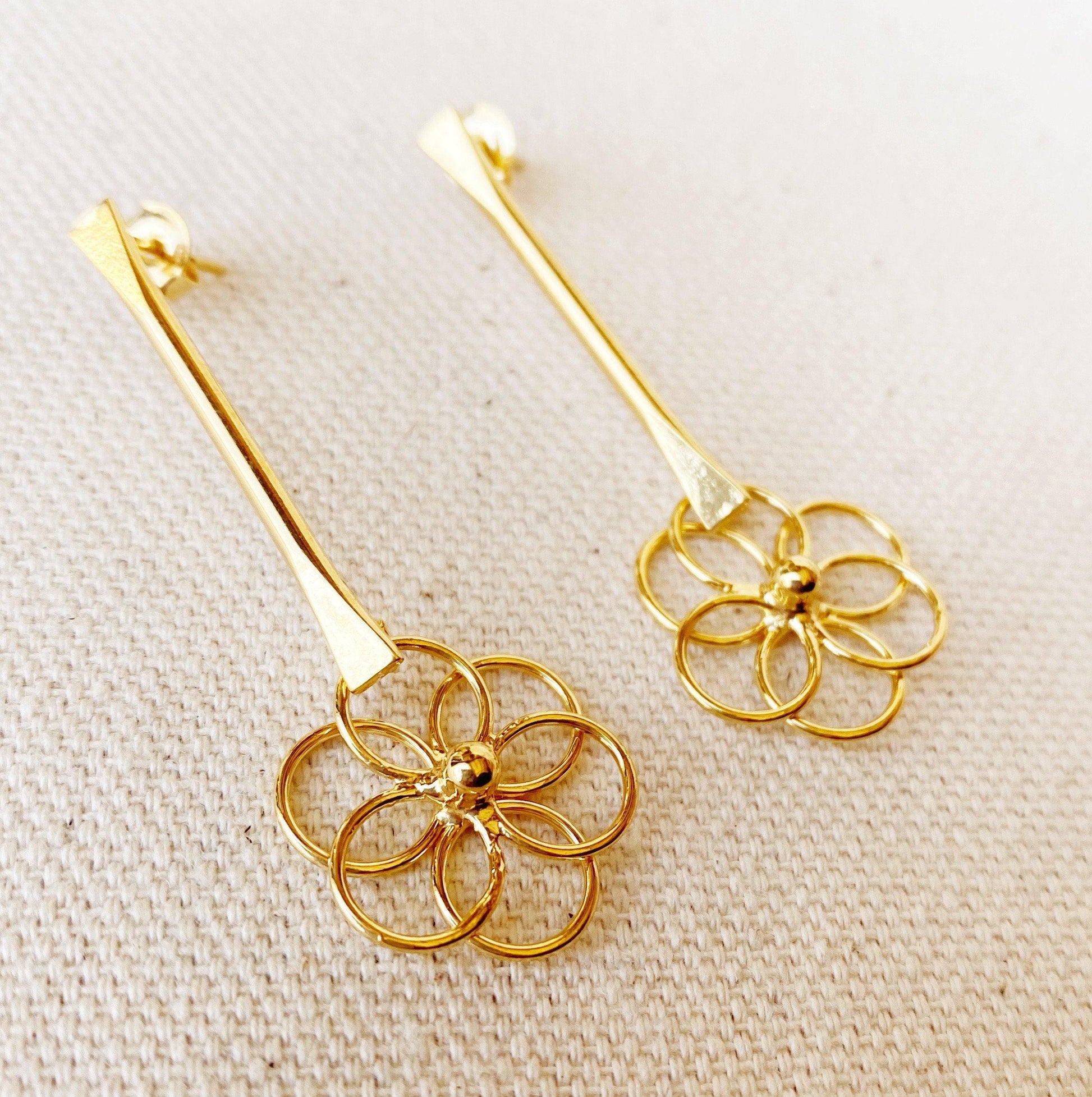 GoldFi 18k Gold Filled Dangling Bar Flower Earrings For