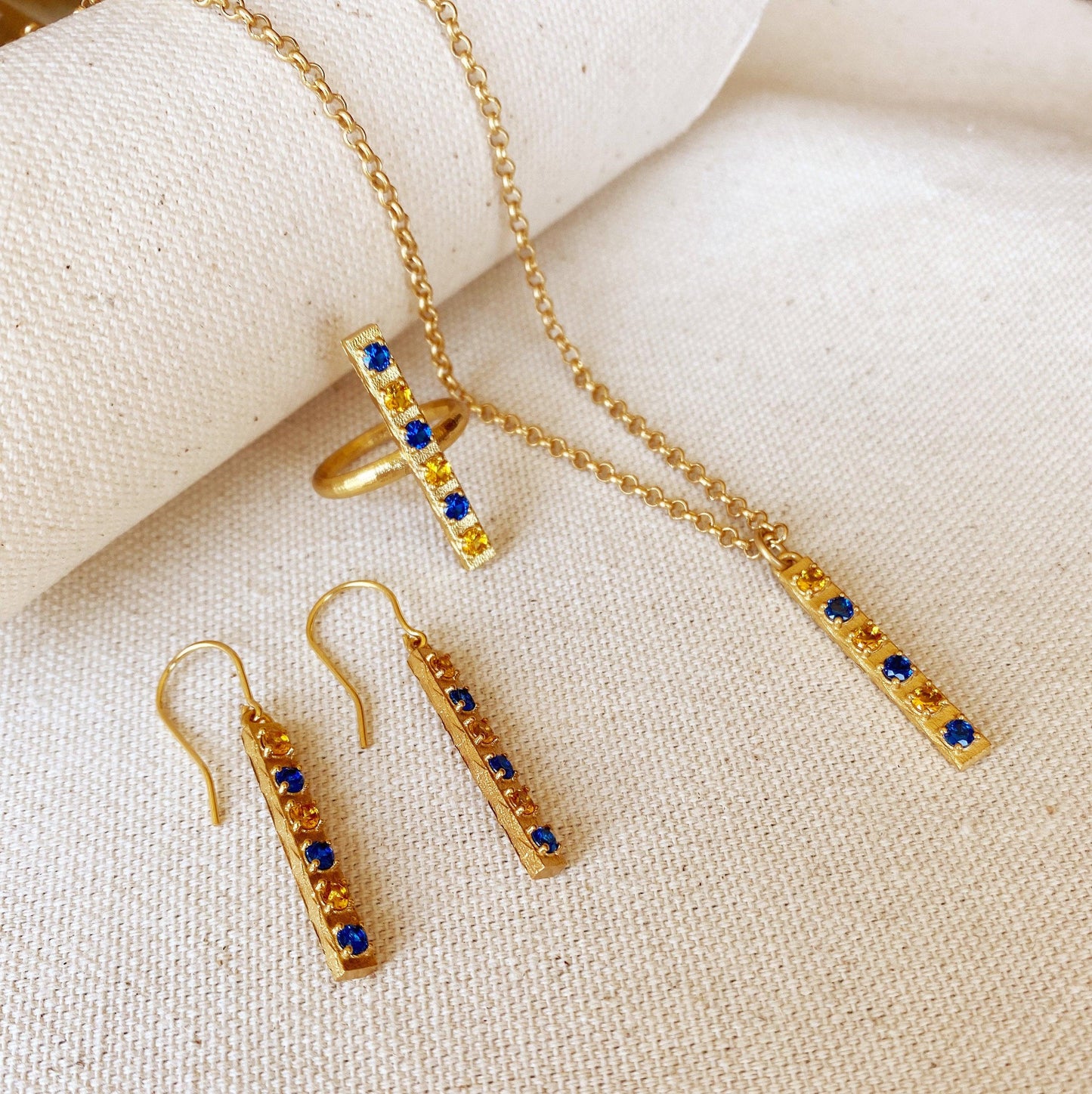 GoldFi 18k Gold Filled Delicate Bar Sapphire And Topaz Cubic Zirconia Set