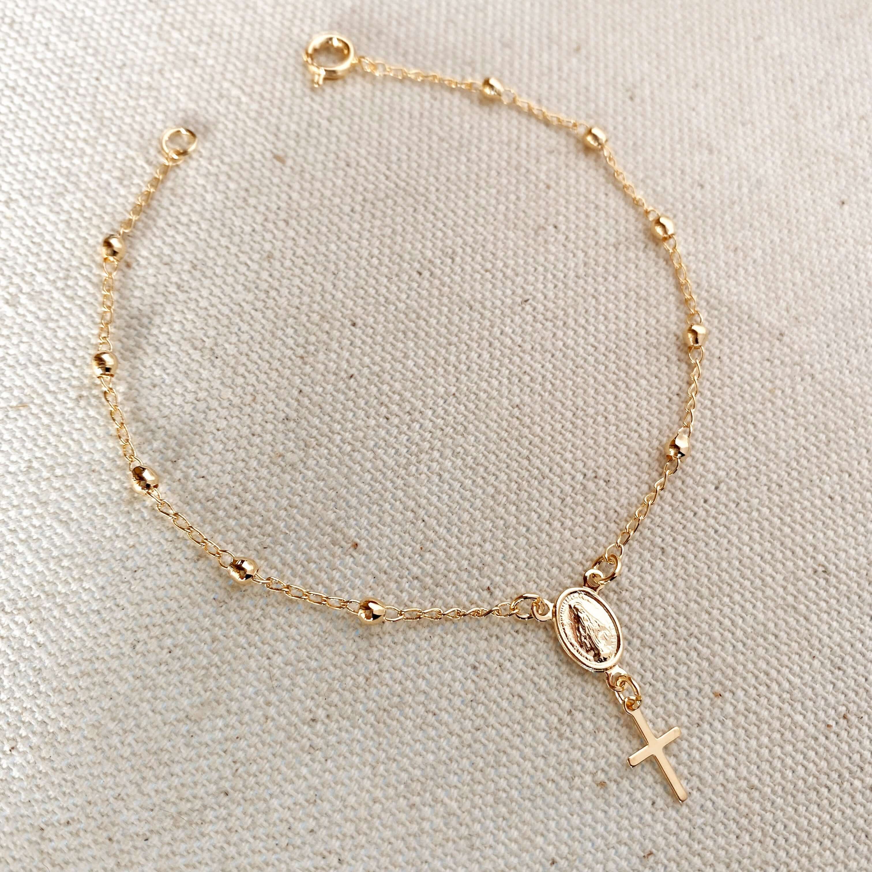 9ct yellow Gold rosary beads bracelet miraculous medal cross