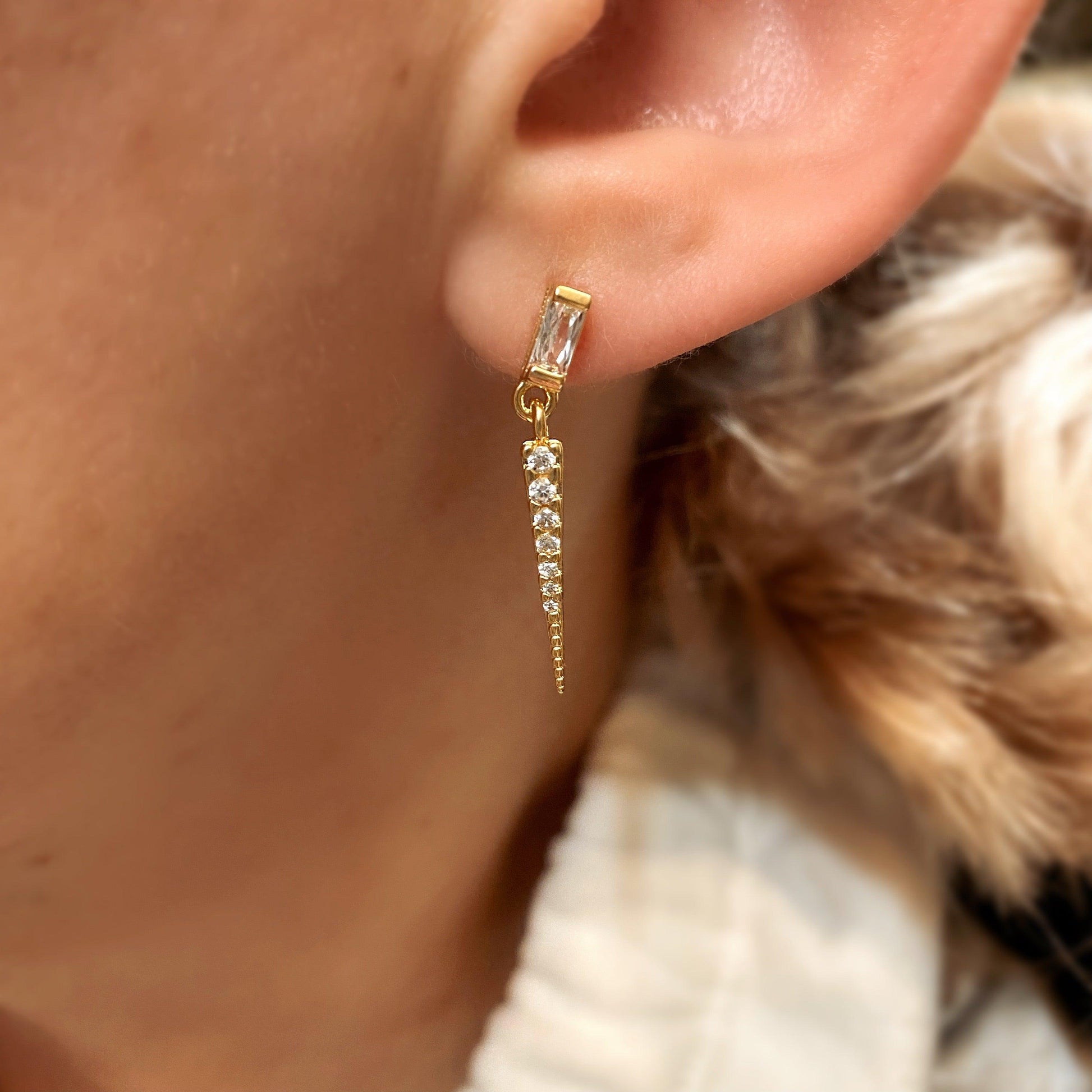 GoldFi 18k Gold Filled Earrings Featuring Baguette Cubic Zircon With Spike Drop