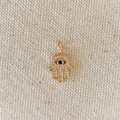 GoldFi 18k Gold Filled Evil Eye Hamsa Charm Featuring Cubic Zirconia Pendant