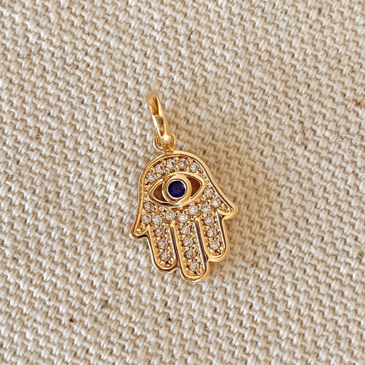 18k Gold Filled Evil Eye Hamsa Charm Featuring Cubic Zirconia Pendant