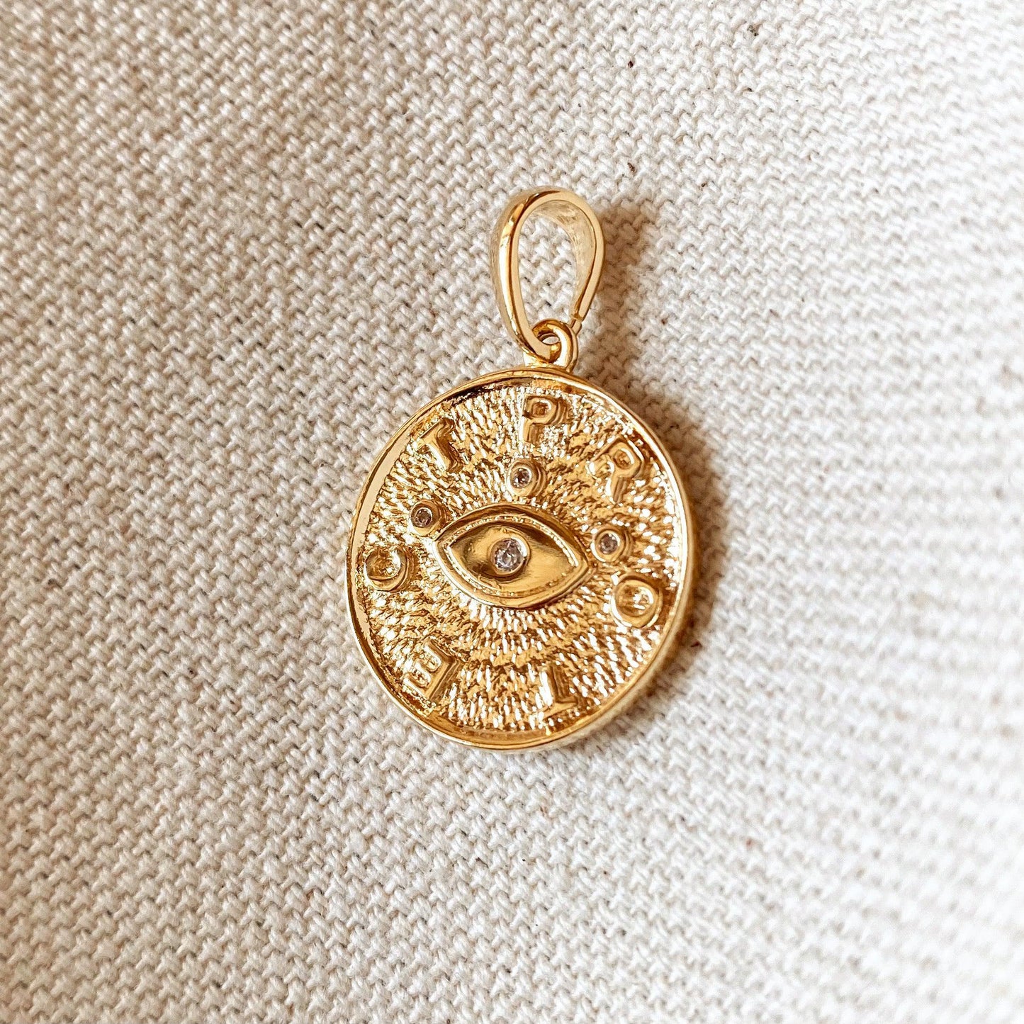 GoldFi 18k Gold Filled Evil Eye Protection Pendant Featuring Textured Background PROTECT Letters
