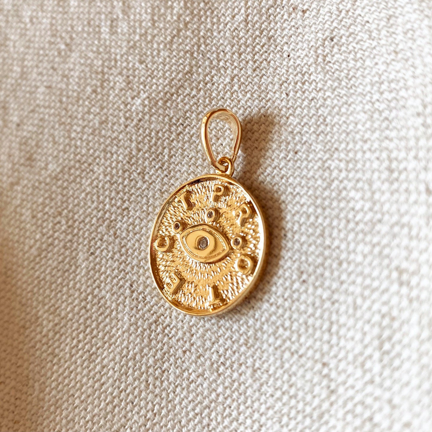 GoldFi 18k Gold Filled Evil Eye Protection Pendant Featuring Textured Background PROTECT Letters