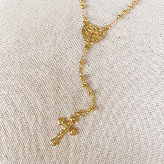 18k Gold Filled Fashion Rosary Style Necklace In 2mm Plain Gold Beads Featuring A Dove Heart Charm And Crucifix 18" Length Wholesale