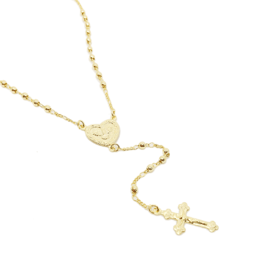 18k Gold Filled Fashion Rosary Style Necklace In 2mm Plain Gold Beads Featuring A Dove Heart Charm And Crucifix 18" Length Wholesale