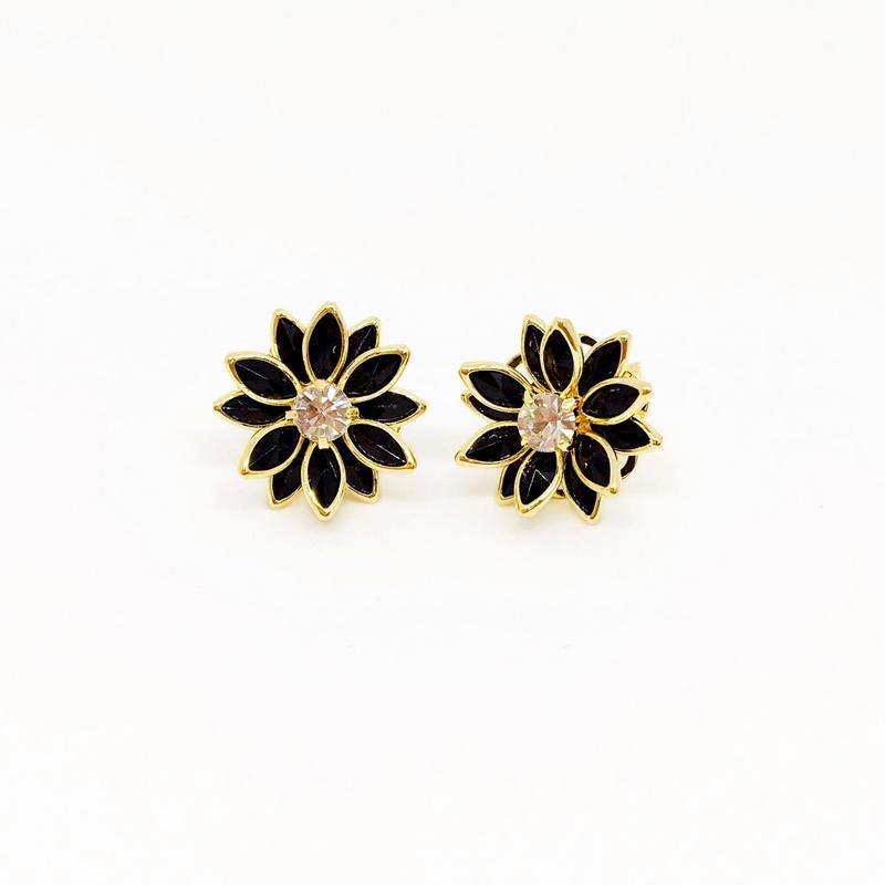 GoldFi 18k Gold Filled Flower Earrings Featuring Simulated Onyx Petals and Cubic Zirconia