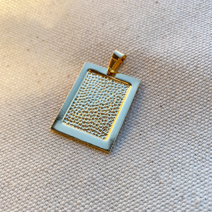 GoldFi 18k Gold Filled Framed Double Sided Plate Rectangle Pendant Unisex Diagonal Half Cut Front And Hammered Back