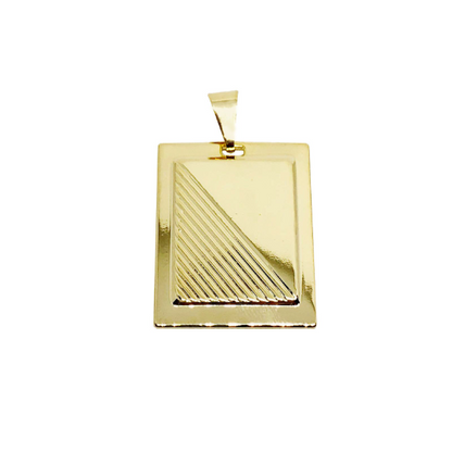 GoldFi 18k Gold Filled Framed Double Sided Plate Rectangle Pendant Unisex Diagonal Half Cut Front And Hammered Back