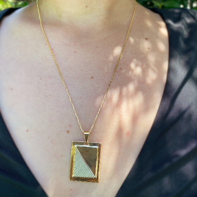 GoldFi 18k Gold Filled Framed Double Sided Plate Rectangle Pendant Unisex Diagonal Half Cut Front And Hammered Back