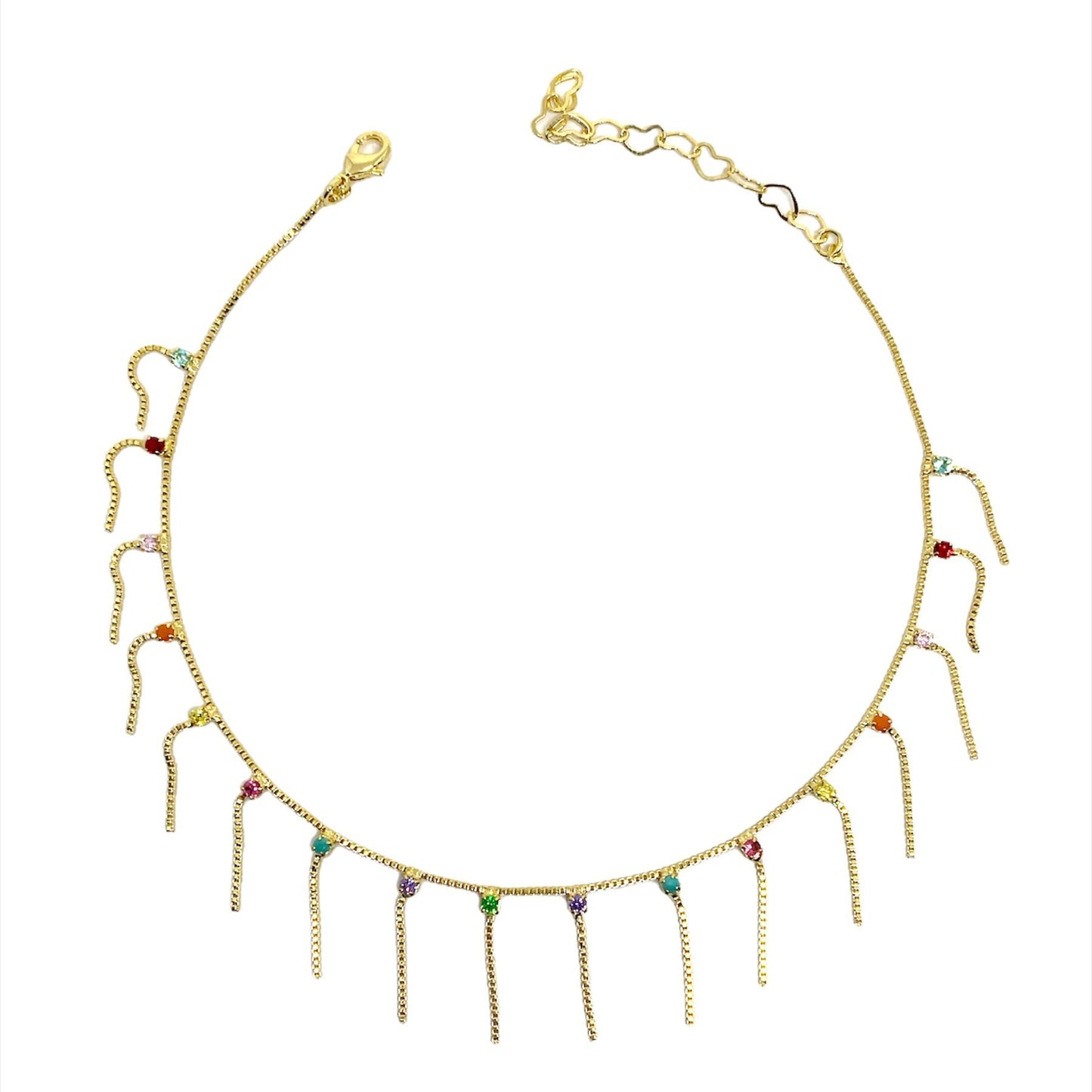 GoldFi 18k Gold Filled Fringed Box Chain Anklet Featuring Details Of Micro Zirconia Available In Multicolor, Black or Clear