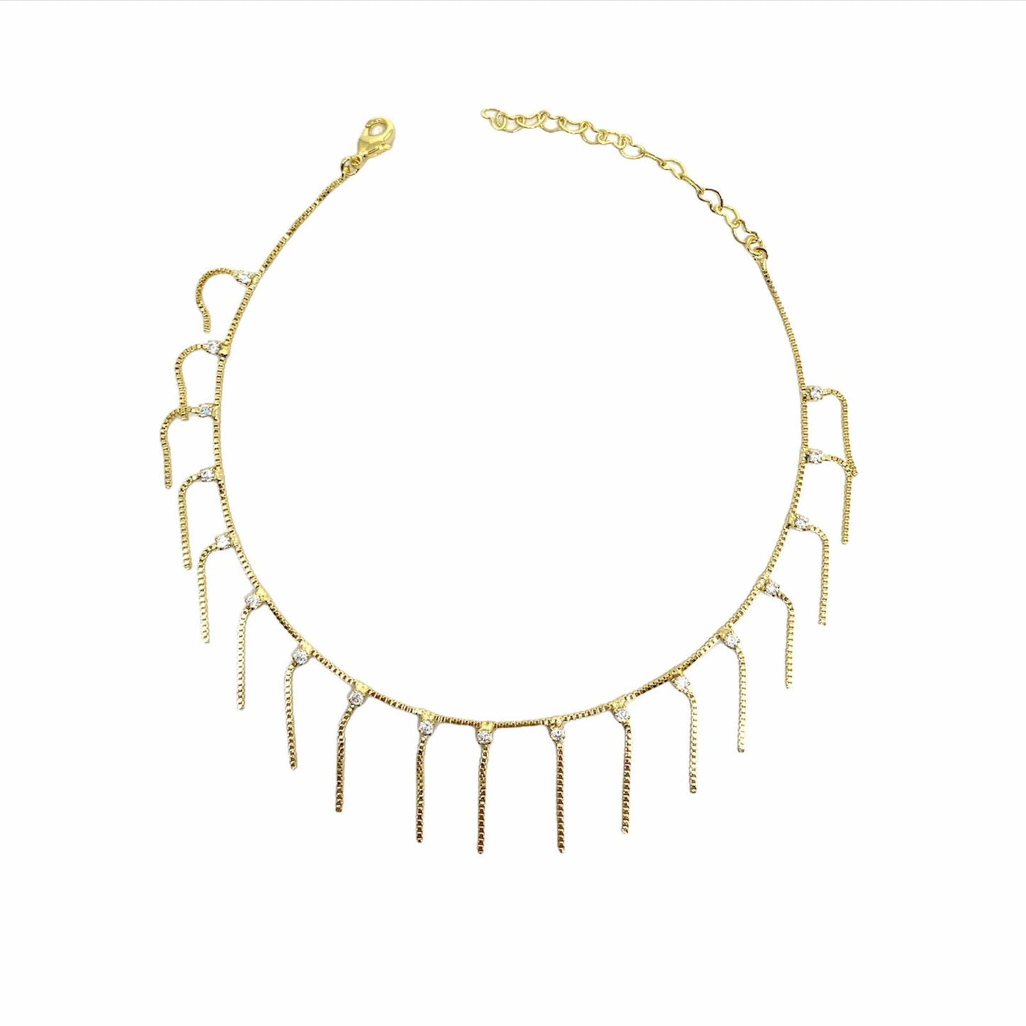 GoldFi 18k Gold Filled Fringed Box Chain Anklet Featuring Details Of Micro Zirconia Available In Multicolor, Black or Clear