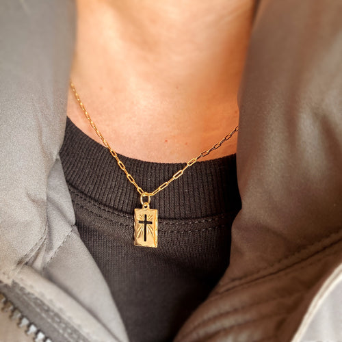 GoldFi 18k Gold Filled Hollow Cross Tag Plate Pendant Featuring Diamond Cut Borders