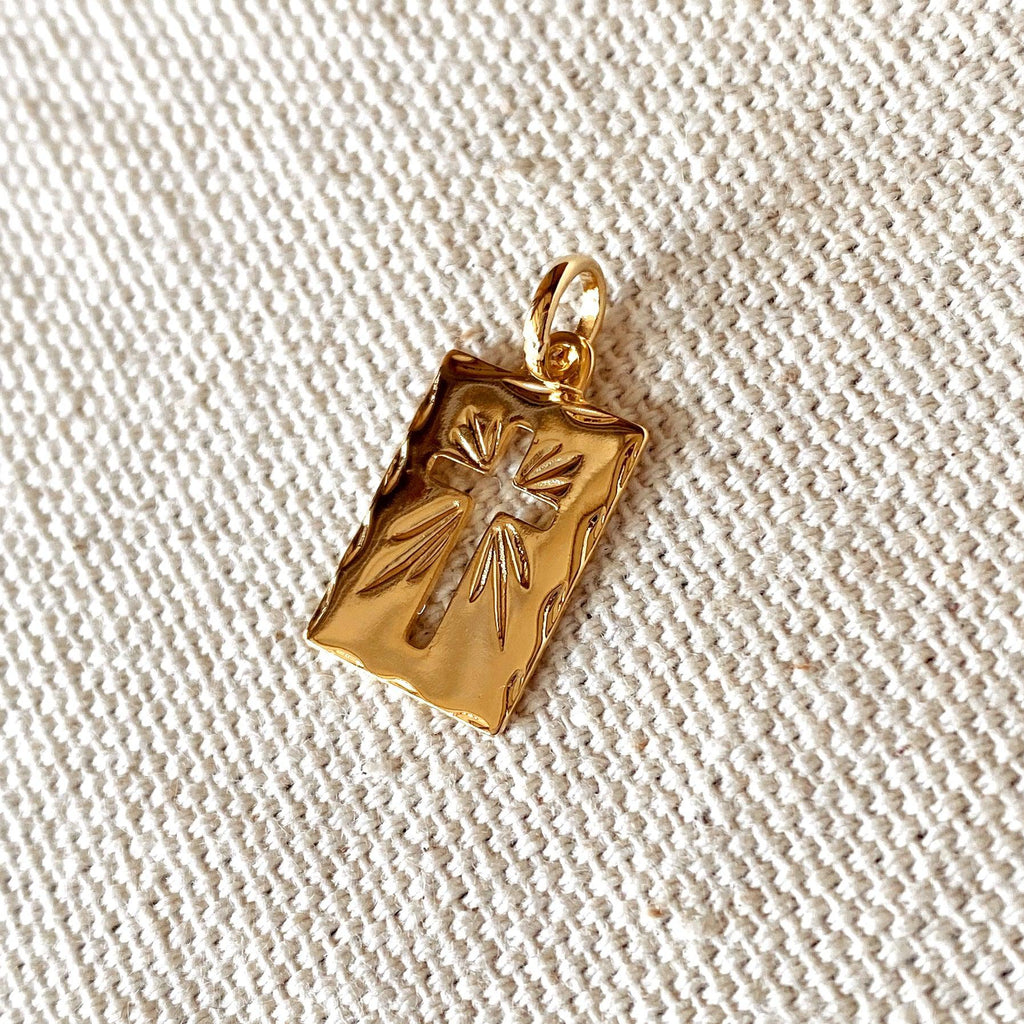 GoldFi 18k Gold Filled Hollow Cross Tag Plate Pendant Featuring Diamond Cut Borders