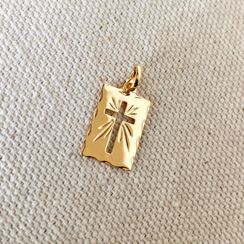 GoldFi 18k Gold Filled Hollow Cross Tag Plate Pendant Featuring Diamond Cut Borders