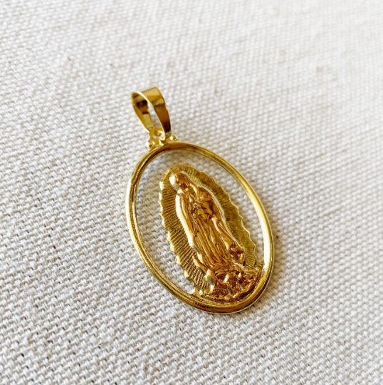 GoldFi 18k Gold Filled Hollowed Oval Lady of Guadalupe Pendant Featuring Rose Gold Detail For Wholesale Jewelry Making Supplies