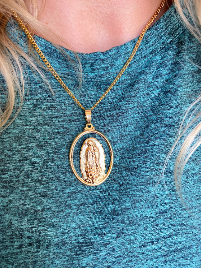 GoldFi 18k Gold Filled Hollowed Oval Lady of Guadalupe Pendant Featuring Rose Gold Detail For Wholesale Jewelry Making Supplies