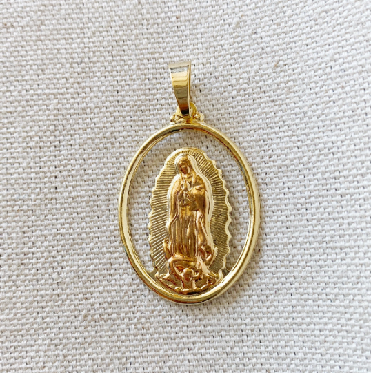 GoldFi 18k Gold Filled Hollowed Oval Lady of Guadalupe Pendant Featuring Rose Gold Detail For Wholesale Jewelry Making Supplies