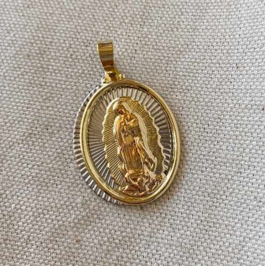 GoldFi 18k Gold Filled Hollowed Oval Lady of Guadalupe Pendant Featuring Rose Gold Detail, Stainless Steel Plate, Wholesale Jewelry Making Supplies