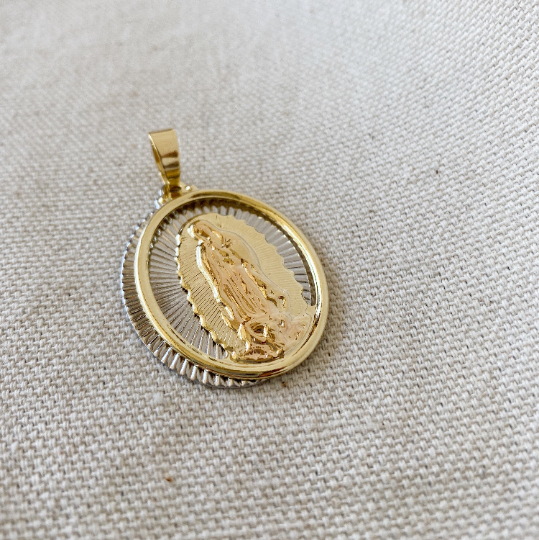 GoldFi 18k Gold Filled Hollowed Oval Lady of Guadalupe Pendant Featuring Rose Gold Detail, Stainless Steel Plate, Wholesale Jewelry Making Supplies