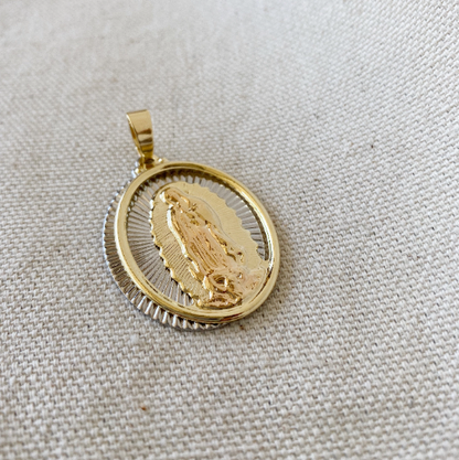 GoldFi 18k Gold Filled Hollowed Oval Lady of Guadalupe Pendant Featuring Rose Gold Detail, Stainless Steel Plate, Wholesale Jewelry Making Supplies