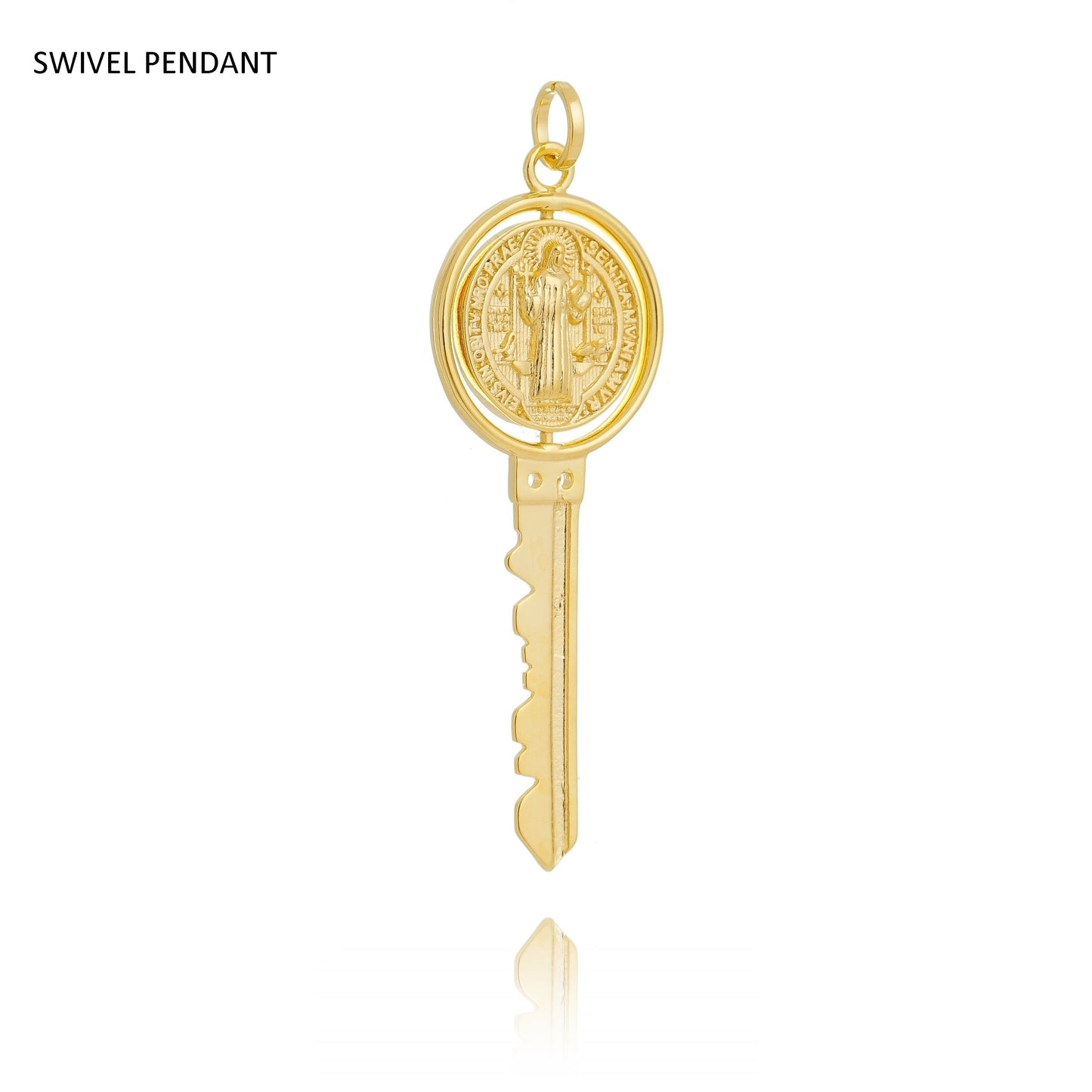 GoldFi 18k Gold Filled Key Pendant Featuring Swivel Medal Of St. Benedict