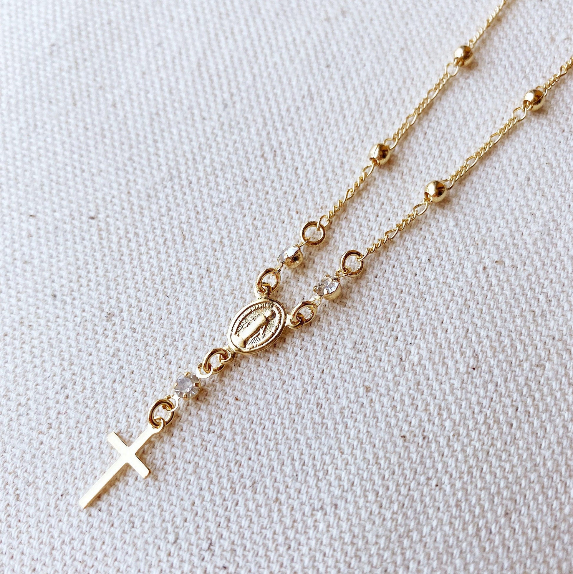 GoldFi 18k Gold Filled Our Lady of Graces Rosary Ball Chain and Small Plain Cross