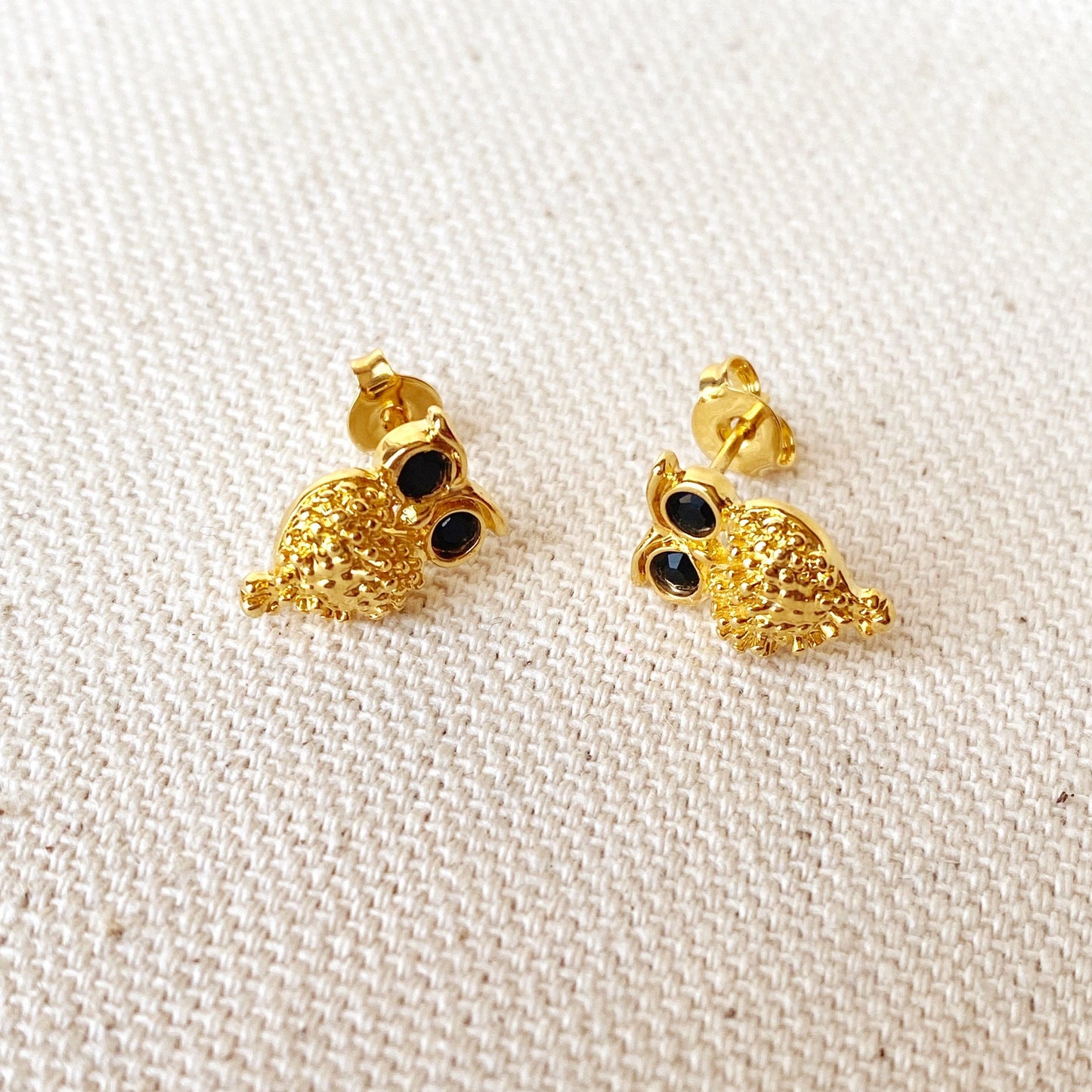 GoldFi 18k Gold Filled Owl Black Crystal Eyes Stud Earrings