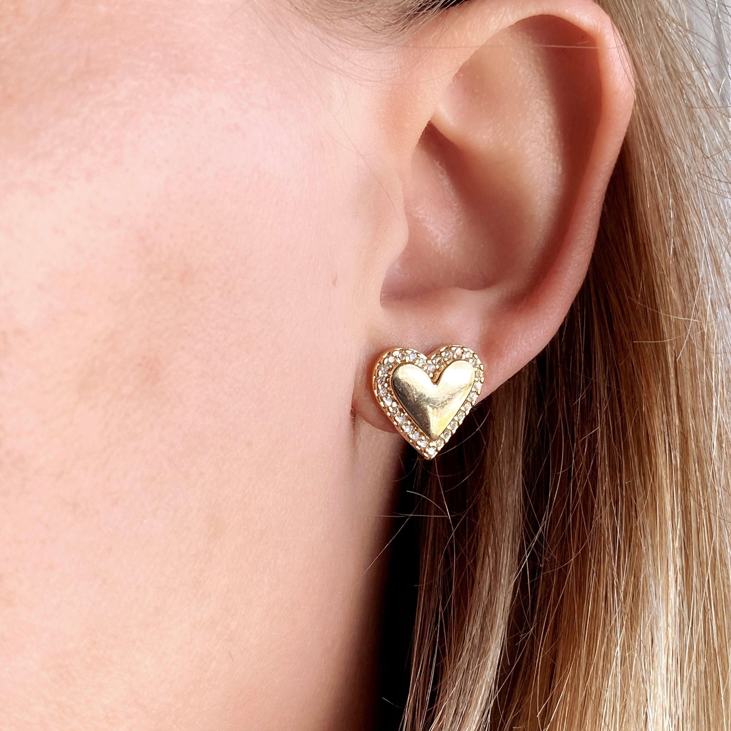 GoldFi 18k Gold Filled Pillow Heart Stud Earrings Cubic Zirconia Stones Around