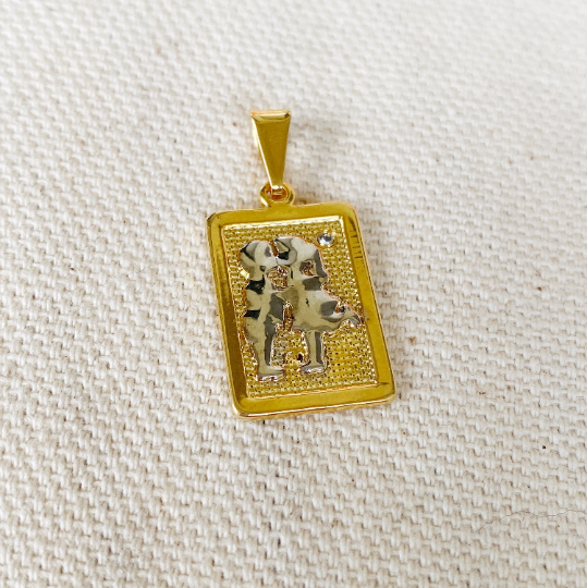 GoldFi 18k Gold Filled Plate Rectangle Pendant Featuring A Boy And Girl Kiss in Rhodium Detail Little Cubic Zirconia