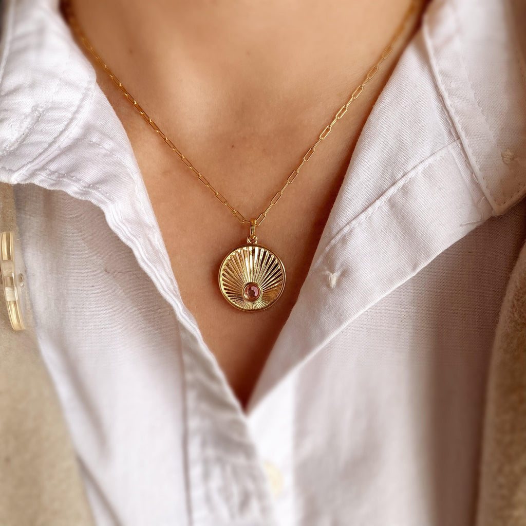 GoldFi 18k Gold Filled Radial Arrangement Plate Pendant With Detail Color Cubic Zircon Stone