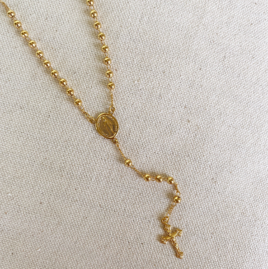 18k Gold Filled Rosary 4mm Plain Gold Beads In 18" Length Featuring Lady Mother of Grace Medallion And Crucifix Communion Miraculous