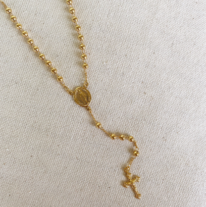 18k Gold Filled Rosary 4mm Plain Gold Beads In 18" Length Featuring Lady Mother of Grace Medallion And Crucifix Communion Miraculous