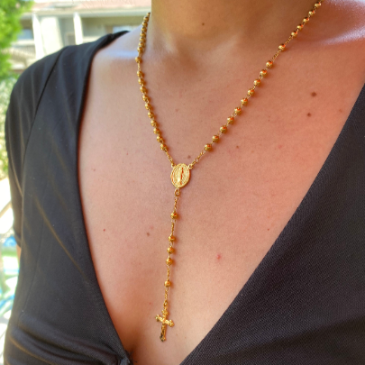 18k Gold Filled Rosary 4mm Plain Gold Beads In 18" Length Featuring Lady Mother of Grace Medallion And Crucifix Communion Miraculous